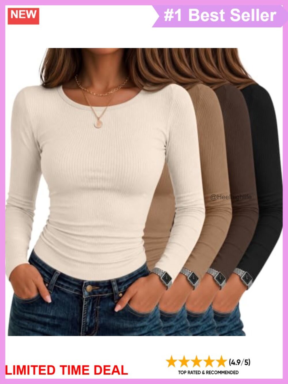 Womens 4 Pack Ribbed Long Sleeve Crew Neck Slim Fit T-Shirts Cotton Spandex